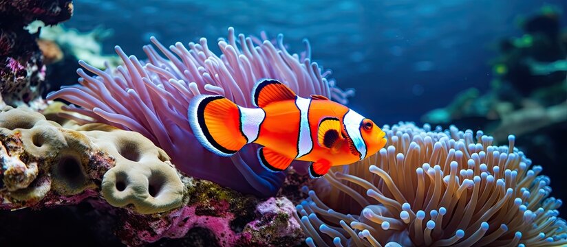 Clown Fish in Anemone Great Barrier Reef Australia. Copyspace image. Square banner. Header for website template