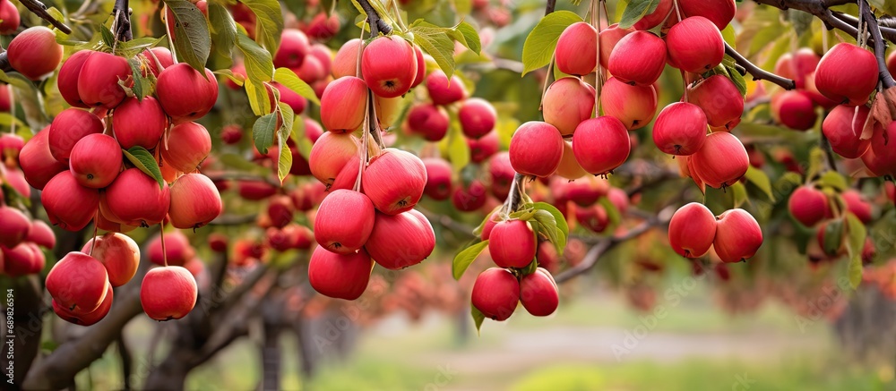 Aufkleber basket full of red juicy apples on an apple tree from the apple orchards of kashmir. copyspace image