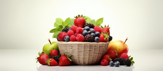 basket of fresh fruits strawberries apples grapes blueberries and raspberries. Copyspace image. Square banner. Header for website template