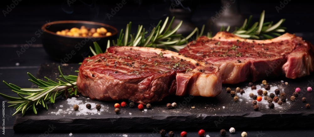 Poster barbecue dry aged wagyu rib eye beef steaks with herb and black salt served as close up on a black b