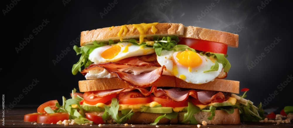 Poster club sandwich with cheese cucumber tomato ham and eggs. copyspace image. square banner. header for w