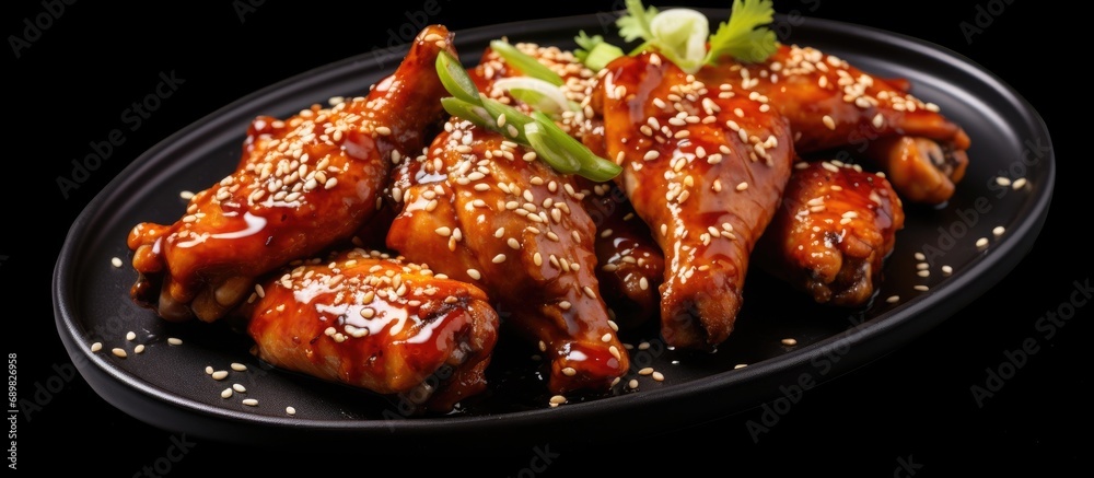 Aufkleber baked barbecue chicken wings with white sesame. Copyspace image. Square banner. Header for website template