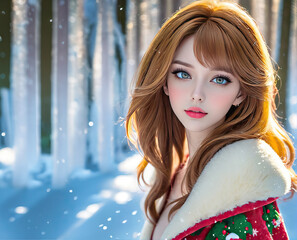 Beautiful Red Haired Woman In Christmas Holiday Coat Outside in Winter Falling Snow Background