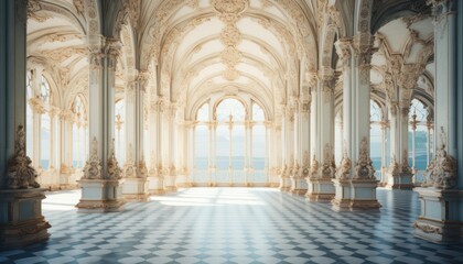 A Spacious Room with Checkered Floor and Arches