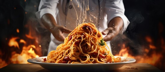 Chef holding hot spaghetti to serve in the restaurant. Copyspace image. Square banner. Header for website template