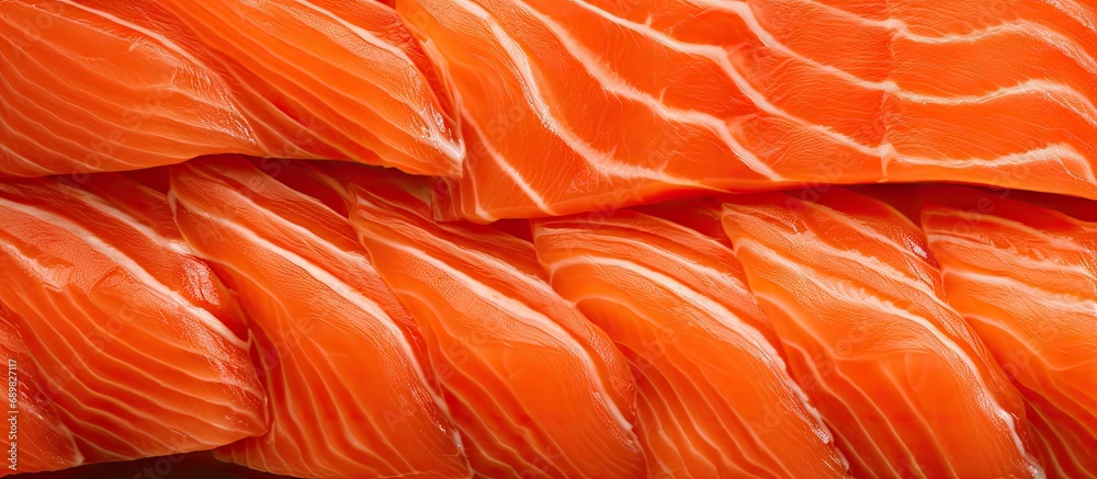 Leinwandbilder close up raw salmon fillet slices texture. copyspace image. square banner. header for website templa