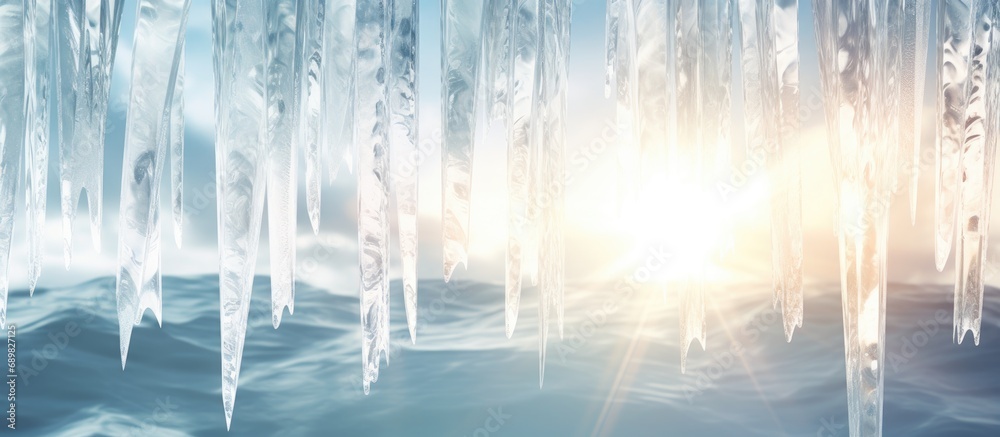 Aufkleber Background of bright transparent icicles in the sunlight. Copyspace image. Square banner. Header for website template