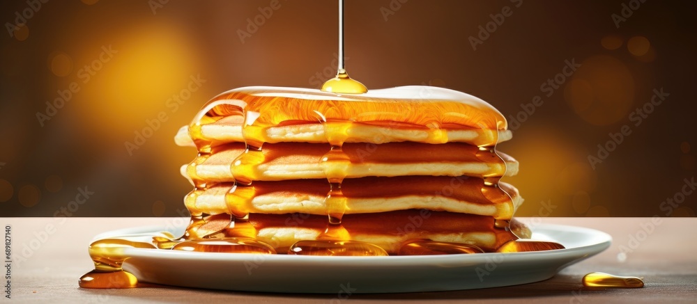 Poster delicious pancakes in a stack with melting butter and maple syrup. Copyspace image. Square banner. Header for website template