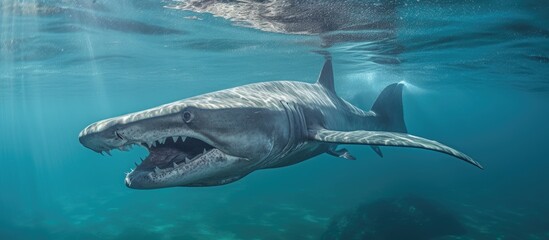 Fototapeta premium broadnose sevengill shark or cow shark Notorynchus cepedianus in a kelp forest False Bay South Africa Atlantic Ocean. Copyspace image. Square banner. Header for website template