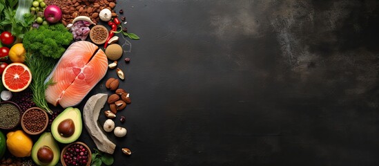 Balanced diet food background Organic food for healthy nutrition superfoods Meat fish legumes nuts seeds greens oil and vegetables Top view on dark stone table. Copyspace image. Square banner