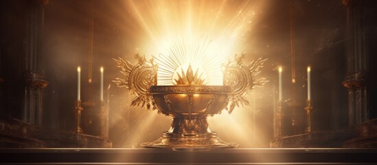 an image of a golden mostrance with sun light. Copyspace image. Square banner. Header for website...