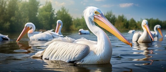 Danube delta wild life birds a group of pelicans gracefully gliding across the water showcasing the beauty of nature biodiversity Conservation. Copyspace image. Square banner - Powered by Adobe