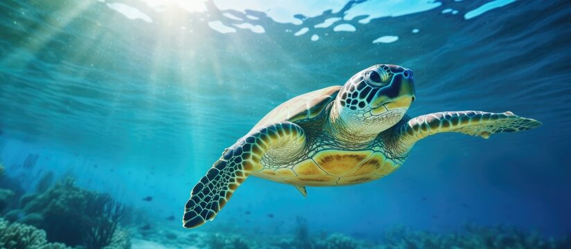 Atlantic or Kemp Ridley critically endangered sea turtle. Copyspace image. Square banner. Header for website template