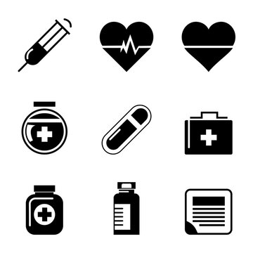 Medical icons set, black and white vectors collection.