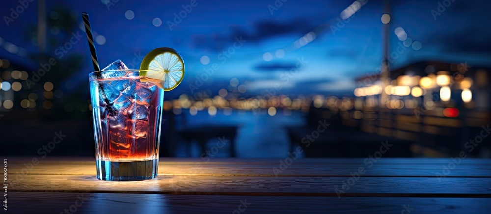 Poster burger pub outdoor table night time cocktail. copyspace image. square banner. header for website tem
