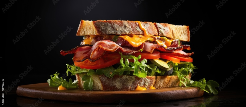 Poster Cafe Sandwich with bacon cheese ham and vegetables. Copyspace image. Square banner. Header for website template