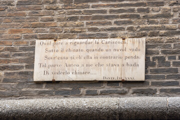Plaque on the Garisenda Tower. Bologna, Italy