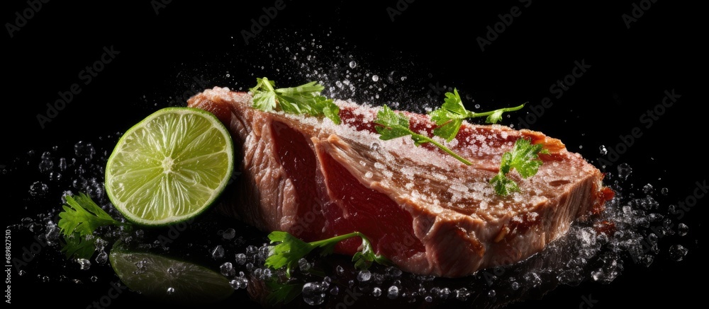 Aufkleber Beef tongue meat served on plate with salt pepper and lime. Copyspace image. Square banner. Header for website template