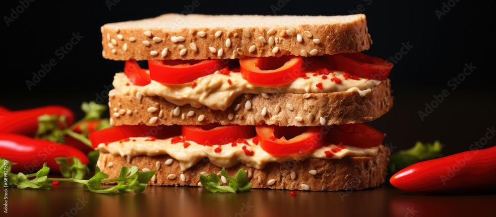 Aufkleber delicious healthy hummus and red pepper sandwich snacks. copyspace image. square banner. header for 