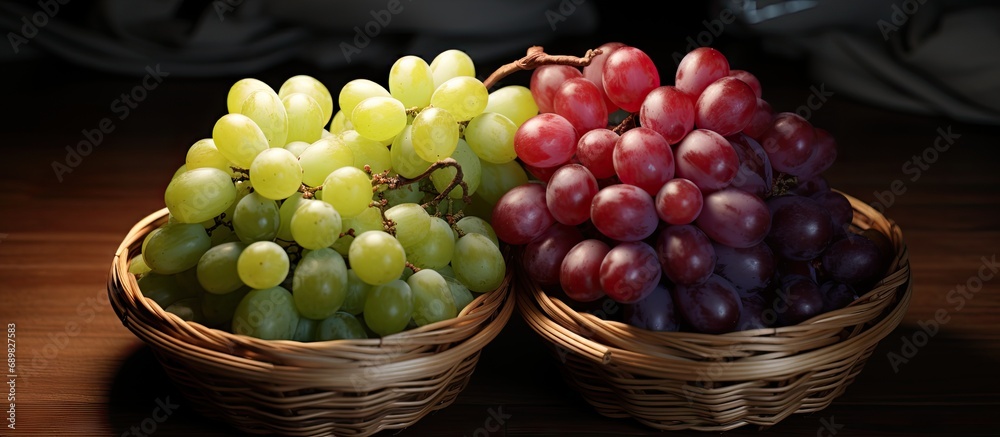 Leinwandbilder Bunches of white and pink grapes in a wicker basket. Copyspace image. Square banner. Header for website template