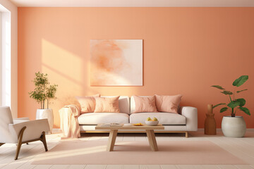 modern living room with color of the year 2024 peach fuzz as wall paint - obrazy, fototapety, plakaty