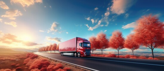 A big driving fast truck with a red trailer and other cars on a countryside road with autumn trees against a blue sky with a sunset. Copyspace image. Square banner. Header for website template
