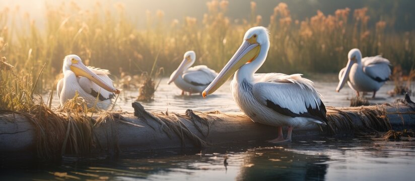 Danube delta wild life birds a group of pelicans gracefully gliding across the water showcasing the beauty of nature biodiversity Conservation. Copyspace image. Square banner