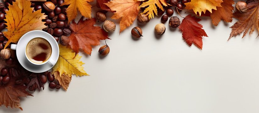 cocoa powder and hot chocolate with autumn leaves chestnuts and bagels. Copyspace image. Square banner. Header for website template
