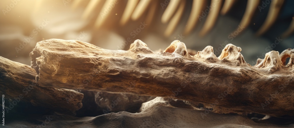 Poster closeup of fossil bones of ursus spelaeus cave bear from the last glacial period. copyspace image. s