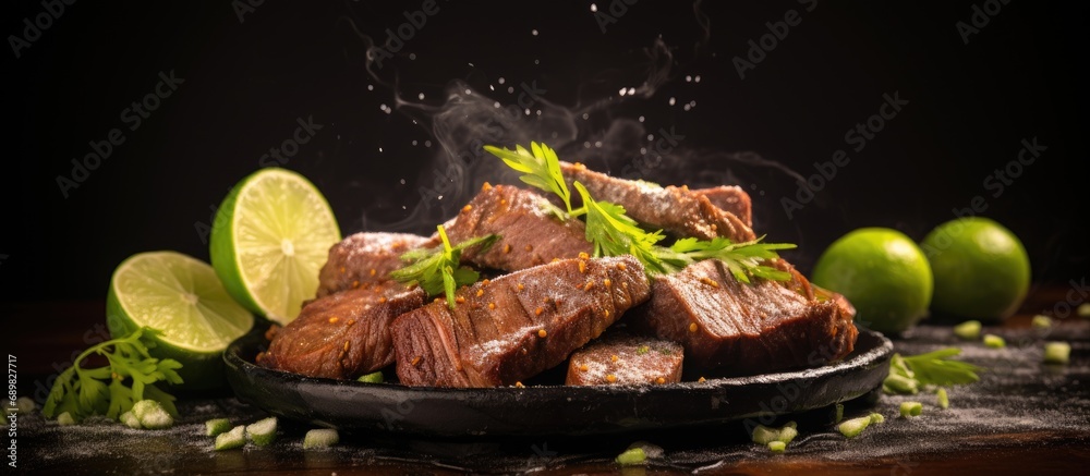 Poster beef tongue meat served on plate with salt pepper and lime. copyspace image. square banner. header f