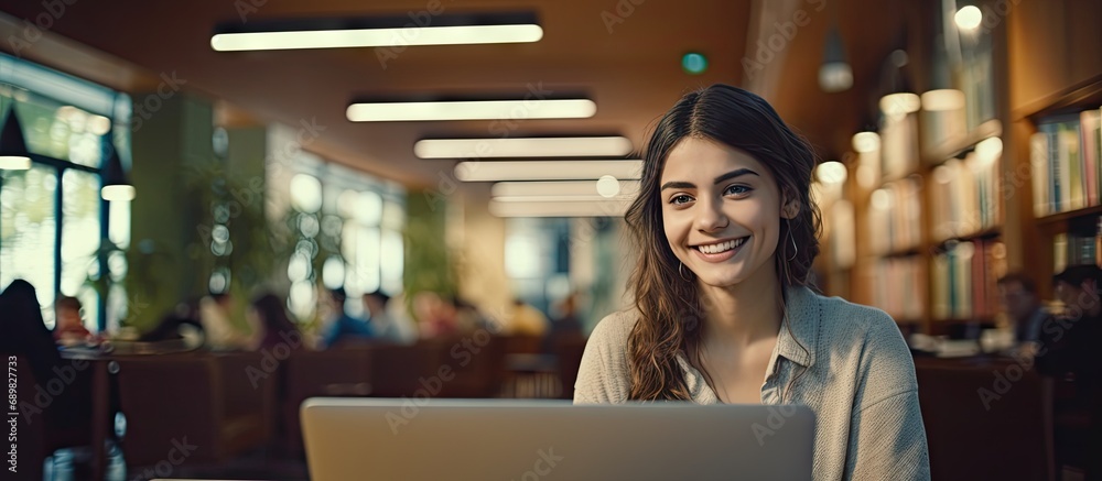Poster education university and happy woman in library with laptop research and books for school project or