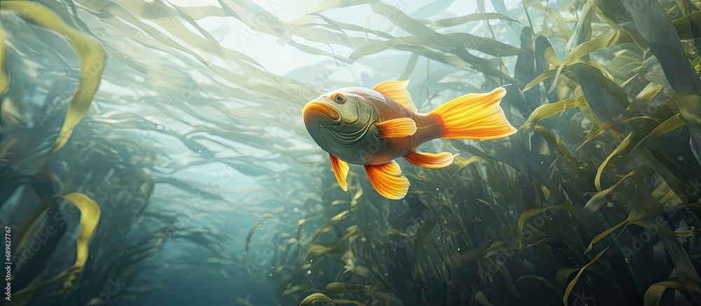 Poster A bright orange garibaldi fish swims through its natural habitat of kelp and curiously checks me out. Copyspace image. Square banner. Header for website template