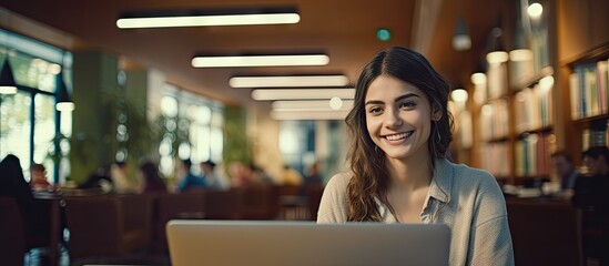 Education university and happy woman in library with laptop research and books for school project or exam Smile internet and college phd student studying with technology and elearning on campus - obrazy, fototapety, plakaty