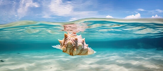 Obraz na płótnie Canvas A conch Lobatus gigas lays in shallow water near the sandy beach of a cay off Belize This species of mollusk is common throughout the Caribbean Sea but is being overfished in many areas