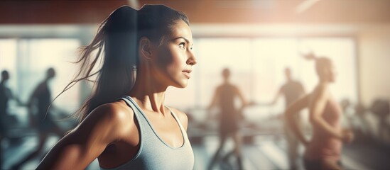 Closeup face of determined woman doing aerobic exercises at gym standing with arms outstretched...