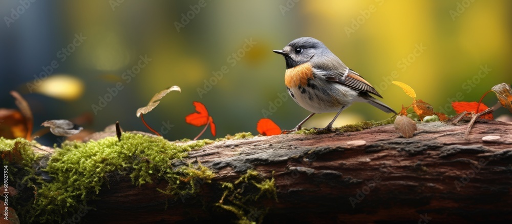Poster cute fluffy male daurian redstart in forest. copyspace image. square banner. header for website temp