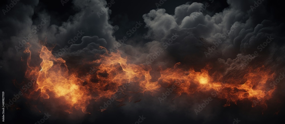 Poster Burning building with flames and black smoke. Copyspace image. Square banner. Header for website template