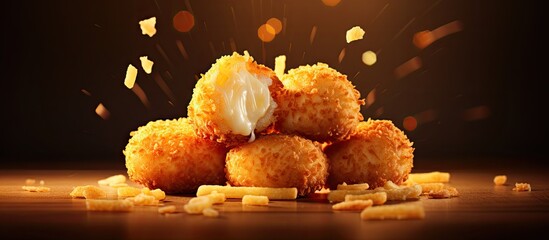 Delicious Bitterballen typical Dutch snacks made from flour cheese milk coated with bread crumb filled with mozzarella. Copyspace image. Square banner. Header for website template - obrazy, fototapety, plakaty