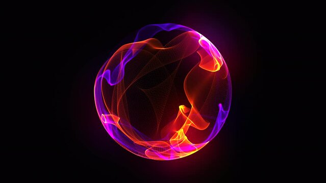 Bright fiery futuristic 3d sphere in the Universe. Purple and orange energy orb seamlessly flowing. Virtual assistant animation. Neon glowing sphere. Artificial Intelligence, technology, science. 4k. 