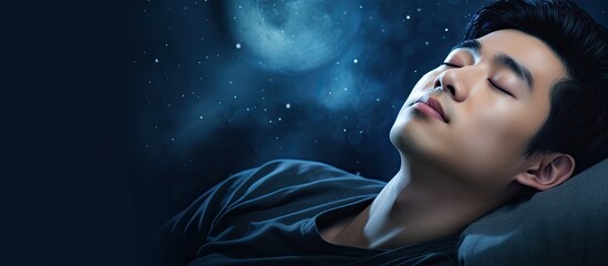 asian man in bed suffering insomnia and sleep disorder thinking about his problem at night. Copyspace image. Square banner. Header for website template - obrazy, fototapety, plakaty