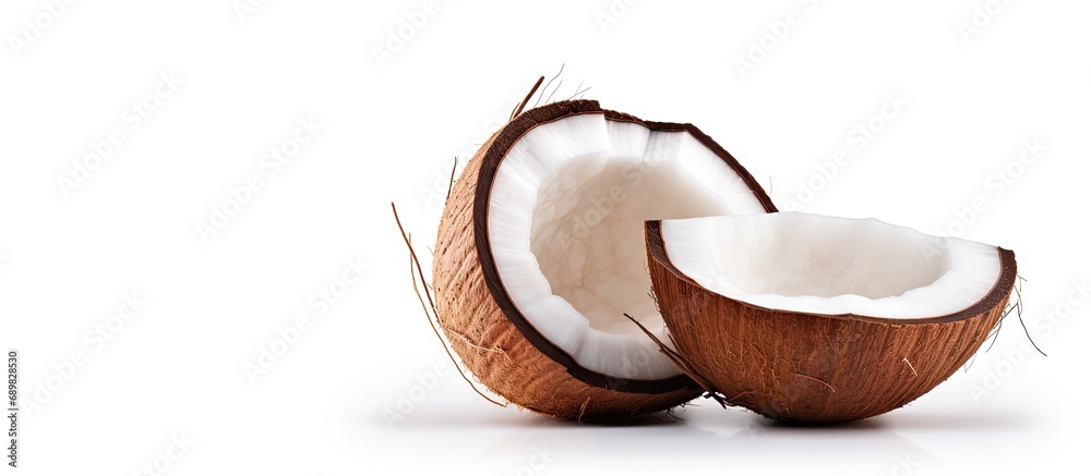 Leinwandbilder coconut with half and leaves on white background. copyspace image. square banner. header for website