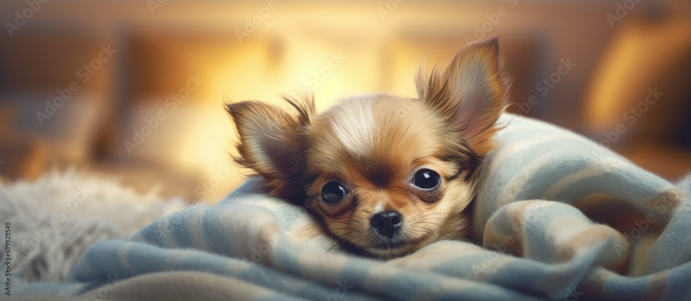 Poster a small dog lies on a woolen blanket on the bed. copyspace image. square banner. header for website 