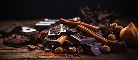 Broken chocolate bar and spices on wooden table Selective focus. Copyspace image. Square banner....