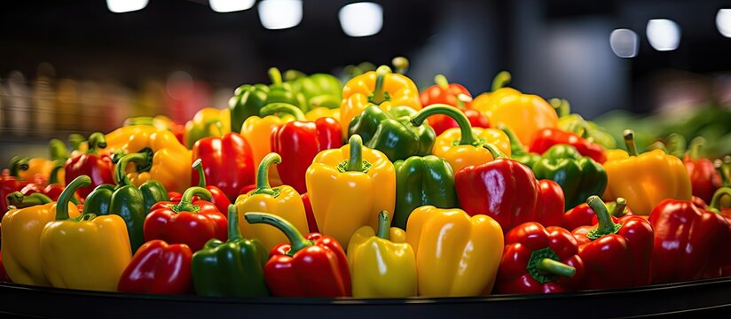 Cultivation of colored peppers in greenhouses. Copyspace image. Square banner. Header for website template