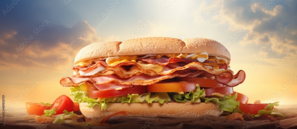 Poster Cafe Sandwich with bacon cheese ham and vegetables. Copyspace image. Square banner. Header for website template