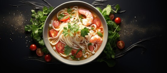 Cold Raw Fish Soup with Various Seafoods Noodles in Cold Raw Fish Soup. Copyspace image. Square banner. Header for website template