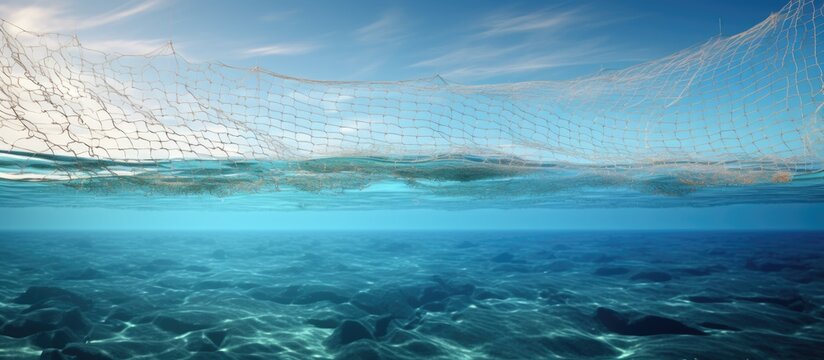 A small trawl net with biological samples is lifted from the sea. Copyspace image. Square banner. Header for website template