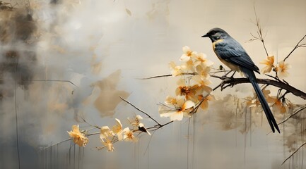 a bird sits on a branch that is surrounded by flowers