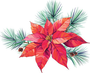 Christmas bouquet. Poinsettia flower. Festive red flower. Pine cone, New Year's tree. New Year's bouquet for decoration