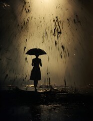 silhouette of a woman holding an umbrella while standing on a beach
